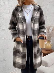 SHEIN Clasi 女士米色格子抽绳连帽拉链口袋大衣