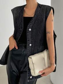 Dazy Star 女士休闲宽松牛仔背心，单排扣设计，春秋 - 灰色 - 查看 2