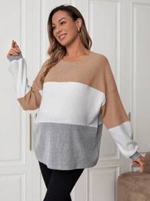 SHEIN Maternity Casual Color Block Loose Drop Shoulder Long Sleeve T-Shirt, Spring & Autumn - Khaki - View 5