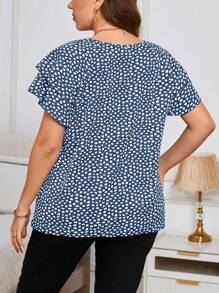 EMERY ROSE Plus Size Fall Casual All-Over Print Ruffle Trim Blouse Women Tops, For Summer - Dusty Blue - View 2
