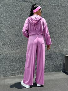 SHEIN Essnce 2 件拉链连帽夹克和阔腿裤套装，母女搭配 - 粉色 - 查看 2