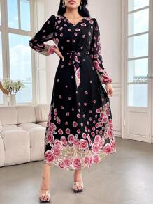 Modelyn 优雅花卉印花灯笼袖连衣裙，春/秋