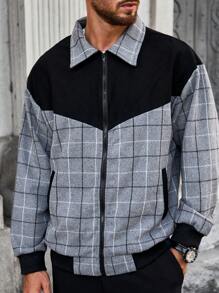 Manfinity RelaxMax Chaqueta casual con cremallera de manga larga a cuadros para hombre, primavera/otoño