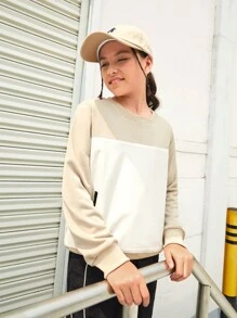 SHEIN Tween Girls Outdoor Sports Hiking Camping Picnic Boating Mountaineering Gray Patchwork Zipper Pocket Warm Comfortable Casual Pullover Sweatshirt For Fall Winter