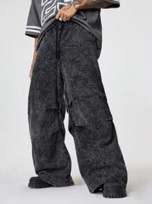 Manfinity RebelGame 男士宽松水洗休闲裤，休闲百搭深灰色长裤，适合外出穿着，可作为送给丈夫或男友的礼物 - 黑色 - 查看 4