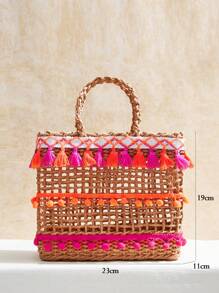 SHEIN VCAY Straw Handbag, Teenagers Plain Color Fringe Flap Simple & Fashionable Design - Khaki - View 7