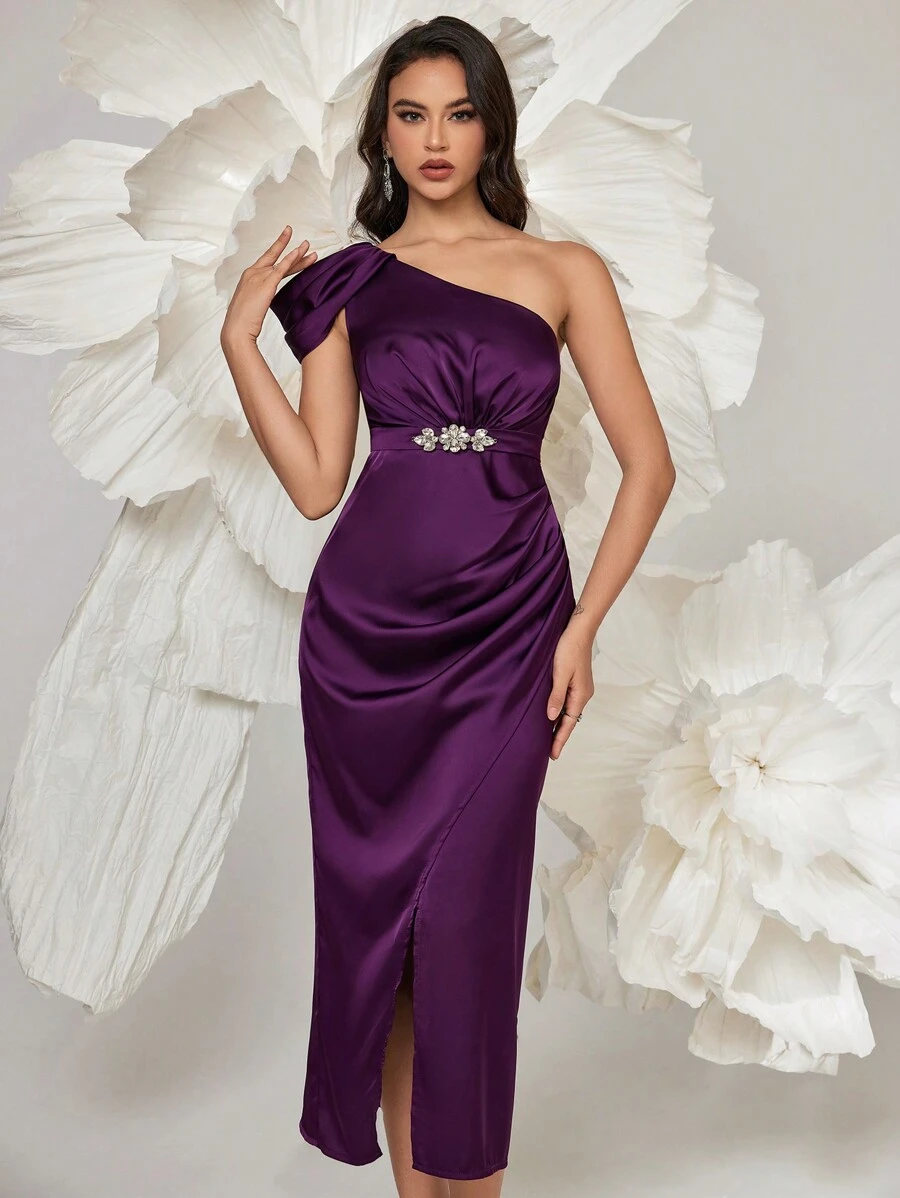 SHEIN Belle Vestido de cóctel elegante de mujer con escote asimétrico y sin mangas, vestido de fiesta semiformal para fiesta de cumpleaños, boda, graduación, cena, regreso a casa - Morado - Ver 1
