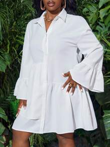 Slaydiva 新款休闲街头优雅性感纯色纽扣叠层喇叭袖长袖衬衫裙 - 白色 - 查看 7