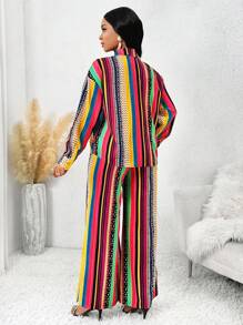 SHEIN Lady Four Seasons Red Set Casual Two Piece Set Women Women Suits Fall Sets Bohemian Style Casual Colorful Striped Long-Sleeved Shirt With Loose Wide-Leg Pants Women Fall Sets Fall Two Piece Sets New Women's Two-Piece Set