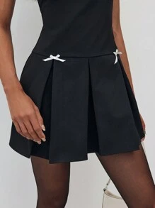Aloruh Women Solid Color Bow Decor Pleated Mini Dress For Work