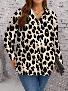 SHEIN LUNE 大码女式休闲豹纹宽松长袖翻领纽扣衬衫，秋冬 - 卡其色 - 查看 4