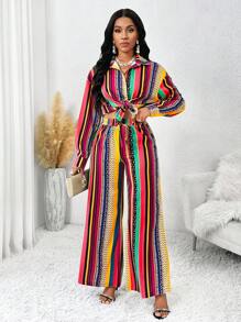 SHEIN Lady Four Seasons Red Set Casual Two Piece Set Women Women Suits Fall Sets Bohemian Style Casual Colorful Striped Long-Sleeved Shirt With Loose Wide-Leg Pants Women Fall Sets Fall Two Piece Sets New Women's Two-Piece Set