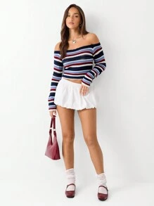 SHEIN Unity Off Shoulder Long Sleeve Striped Simple Sweater, Casual Daily Wear, Knit Pullover Fall Winter - Multicolor - View 2