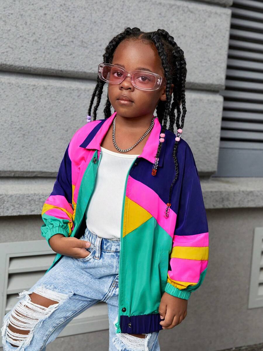 SHEIN Áo khoác thường ngày rộng rãi có ve áo màu tương phản cho bé gái - trắng - Xem 1