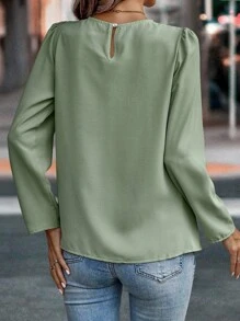 EMERY ROSE 纯色圆领休闲长袖梭织衬衫 - 軍綠色 - 查看 2