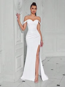 Elisanya Sweetheart Off-Shoulder Elegant Corset Bodycon Long Prom Dress With High Slit For Cocktail Party, Ball And Homecoming White Semi Formal Wedding Guest Dress, For Birthday, Graduation, Dinner