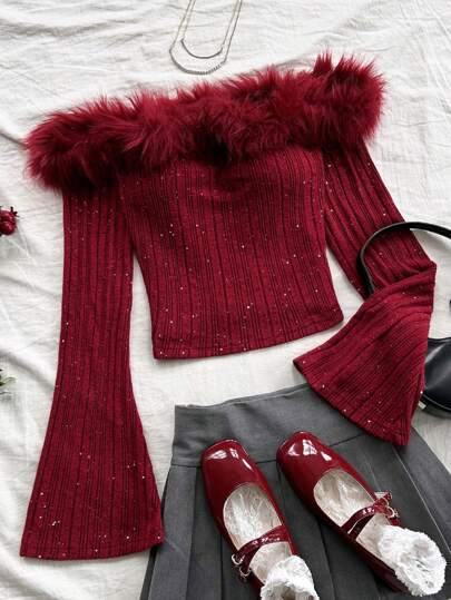 Soleia Women Autumn Asymmetrical Rhinestone Texture Off Shoulder Fuzzy Splice Long Sleeve Form-Fitting Blouse, Zao Red Red Outfit For Christmas