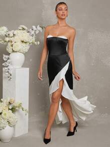 Hauture Elegant Black And White Strapless Bodycon Dress With Cascading Ruffle Detail - Black and White - View 8