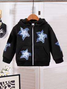 SHEIN 1件男童星形印花连帽休闲卫衣，可与兄弟姐妹搭配（2件单独出售） - 黑色 - 查看 3