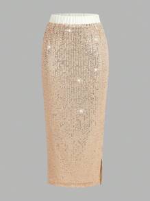 SHEIN Clasi Váy bút chì eo co giãn đa năng đính hạt cườm thanh lịch dành cho nữ - Màu be - Xem 13