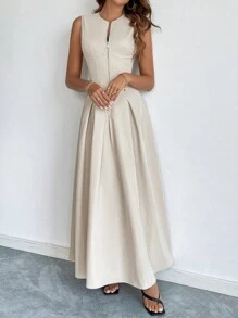 Firerie Vestido de mujer elegante con cuello redondo, sin mangas, con cremallera delantera y vuelo