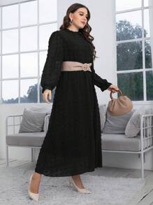 Modelyn Đầm Plus Size Nút viền lá sen màu trơn Thanh lịch - màu đen - Xem 5