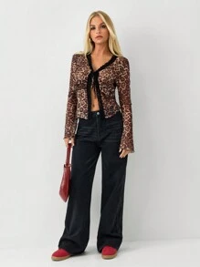 SHEIN Unity Women's Leopard Print Sheer Lace Trim Tie Flared Sleeve Long Sleeve T-Shirt Fall Cloth For Women - Multicolor - View 3