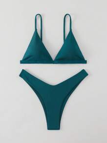 SHEIN Swim مجموعة بكيني بقطعتين بسيطة وعادية للنساء للاستخدام اليومي في الصيف - أخضر داكن - مشاهدة 5