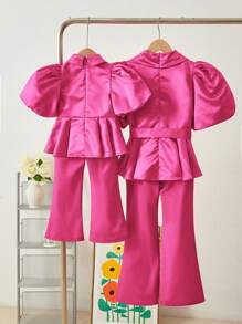 SHEIN Tween Girl 2-Piece Set: Solid Color Puff Sleeve Blouse And Flared Trousers