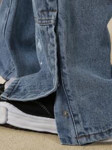 SUMWON 喇叭版型破洞木匠牛仔裤，带泼漆和纽扣侧开衩 - 淺藍色 - 查看 5