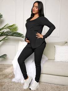SHEIN 哺乳孕妇休闲纯色长袖上衣和裤子套装，春/秋 - 黑色 - 查看 3