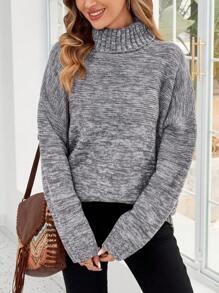 EMERY ROSE Suéter de cuello alto de manga larga con estampado floral gris para mujeres