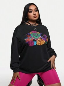 Simona Ahued Artist Day Of The Dead Plus Size Loose Fit Crewneck Sweatshirt, For Holiday, Vacation, Spring, Festival, For Workout, Ibiza Fits, Western Wear