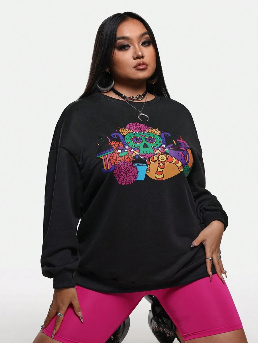 Simona Ahued Artist Day Of The Dead Plus Size Loose Fit Crewneck Sweatshirt, For Holiday, Vacation, Spring, Festival, For Workout, Ibiza Fits, Western Wear
