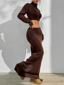Flirla Set de 2 piezas que incluye un jersey ajustado de cuello alto y manga larga, y una falda con bajo de sirena, conjunto de otoño