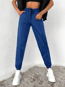 Cottnline Women's High Waist Elastic Drawstring Tapered Leg Solid Color Sweatpants - Blue - View 4