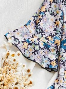 SHEIN LUNE 女士夏季花卉印花宽松方领短袖 T 恤