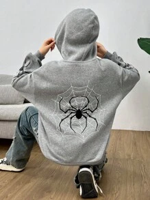 SHEIN Teen Girls Gray Spider Web Print Casual Drawstring Sweatshirt For Fall Winter Everyday Wear - Grey - View 6
