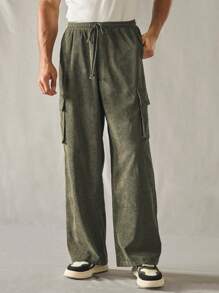 Manfinity RebelGame 男士休闲宽松直筒弹力腰编织纯色长裤 - 軍綠色 - 查看 6