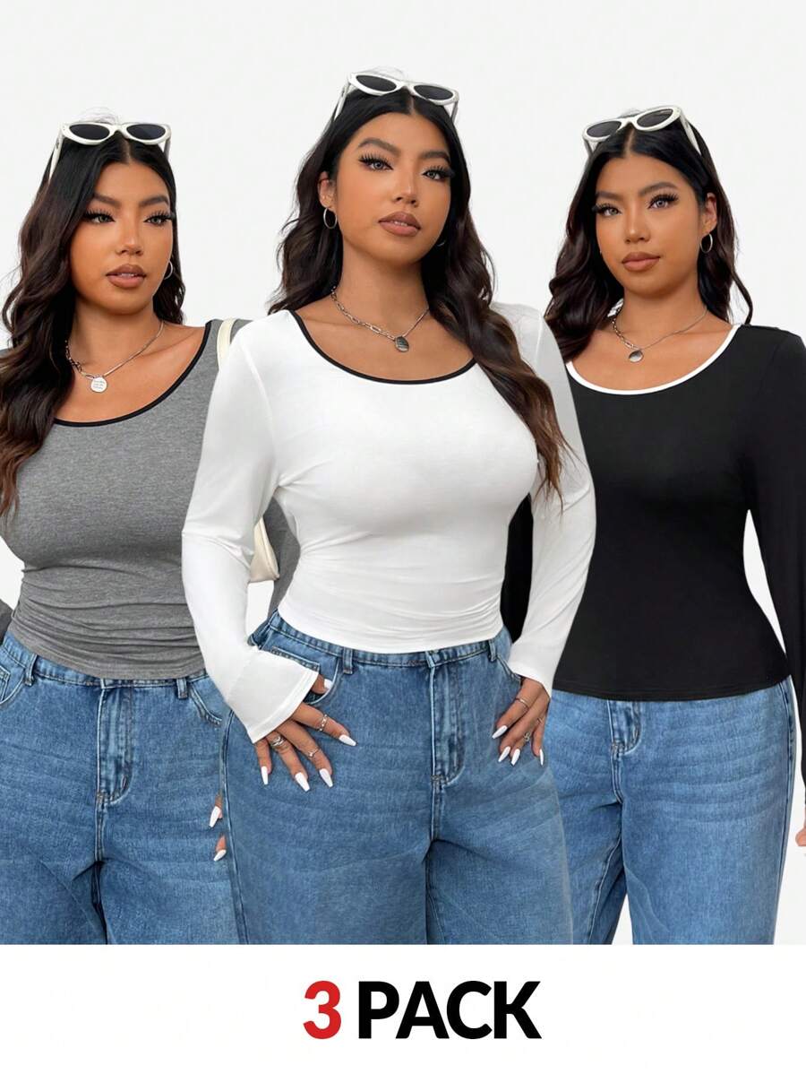 SHEIN EZwear 3 件套大码拼色休闲打底 T 恤，初秋