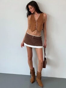 Aloruh 女款休閒直筒對比飾邊下擺裙 - 卡其色 - 查看 7