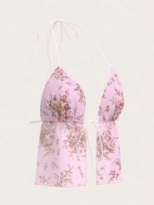 SHEIN ICON Áo ba lỗ hở lưng buộc dây họa tiết hoa lưới - Nhiều màu - Xem 3