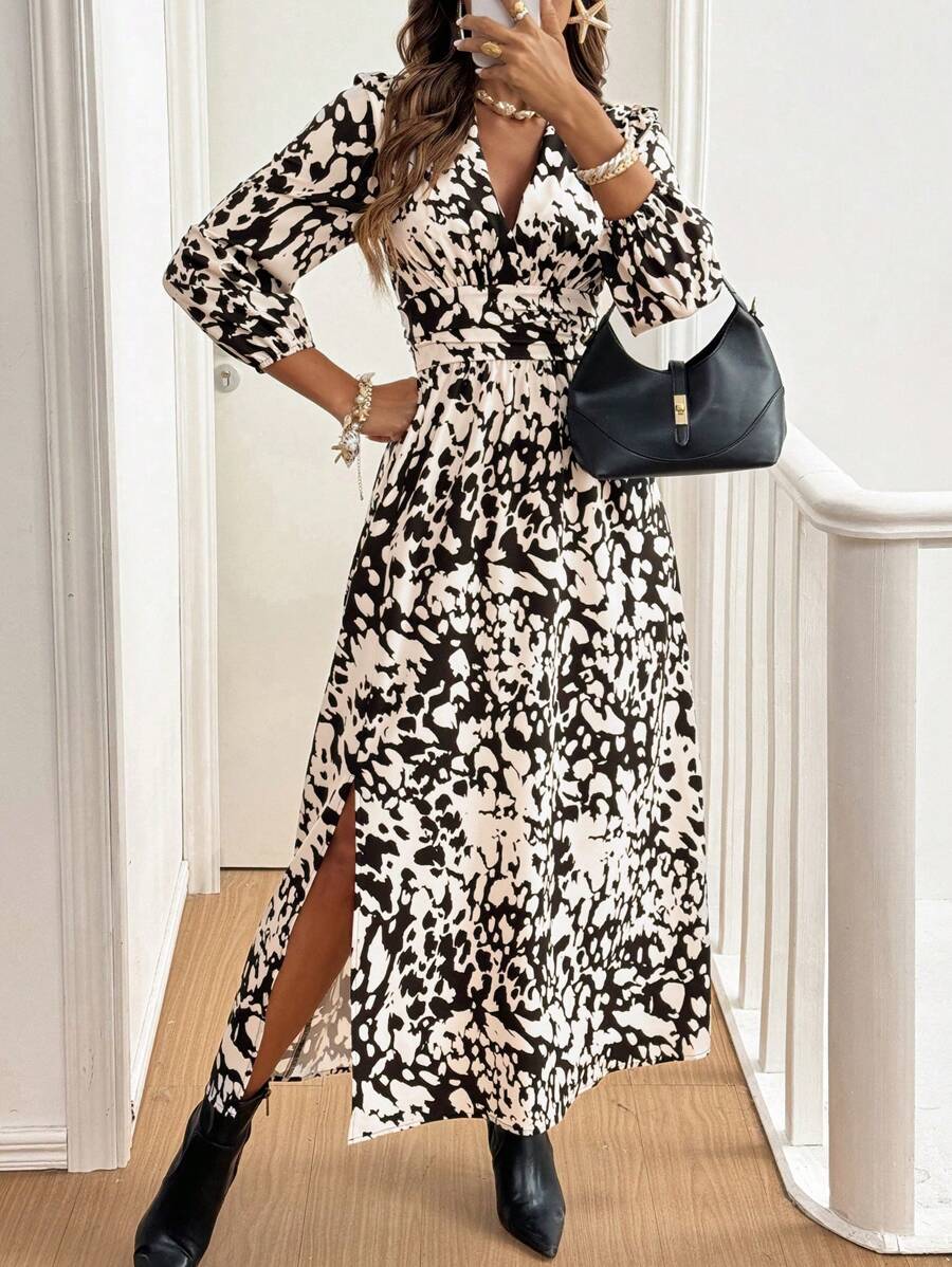 SHEIN Frenchy Women Animal Print Dress Slit Long Dress,Fall Clothes,Black & White  Long Sleeve Dress,Fall Women Dresses,Black Homecoming Dress,Elegant Women Dresses,Leopard Dress,Women Leopard Print Stand Collar Long Sleeve ,Winter Women Clothes , Party Women Dresses ,Long Fall Black & White Dress Casual - Multicolor - View 1