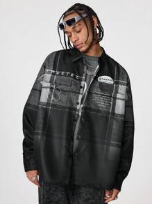 Manfinity NXTstreet Men's Loose Fit Digital Printed Long Sleeve Woven Shacket, For Fall Winter - Black - View 3