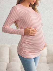 SHEIN Maternity Spring & Fall Casual Striped Ruched Slim Fit Long Sleeve T-Shirt