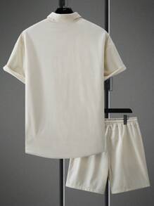 Manfinity Homme Men's Solid Color Short Sleeve Shirt And Shorts Casual Suit, Summer - Apricot - View 2
