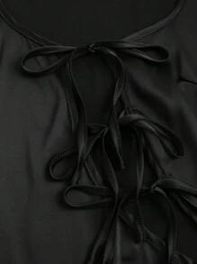 SHEIN Unity Solid Color Satin Long Sleeve Front Tie Fitted Dress, Casual Daily Fall Cloth For Women - Black - View 4