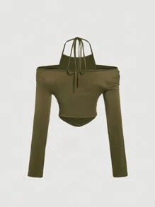 SHEIN MOD 女士军绿色翻领长袖T恤，女士上衣，万圣节，机场女装，早午餐女装，女巫风，秋季 - 軍綠色 - 查看 3