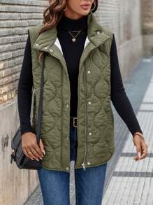 SHEIN LUNE Áo khoác vest không tay có túi khóa kéo rộng rãi cho nữ, mùa đông - xanh quân đội - Xem 3