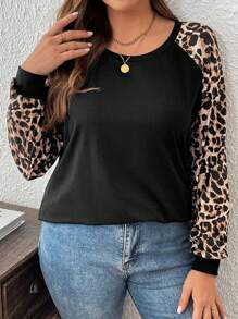 SHEIN LUNE 大码豹纹拼布印花针织 T 恤 - 彩色 - 查看 5